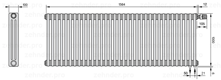 Схема (чертеж) Радиатор Zehnder Charleston 3100/34 №V002 Белый глянцевый RAL 9016
